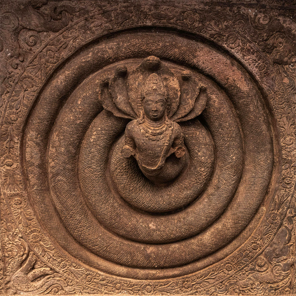 Ancient stone carving of a seated figure with a multi-headed serpent canopy, surrounded by circular coils and ornate decorative patterns